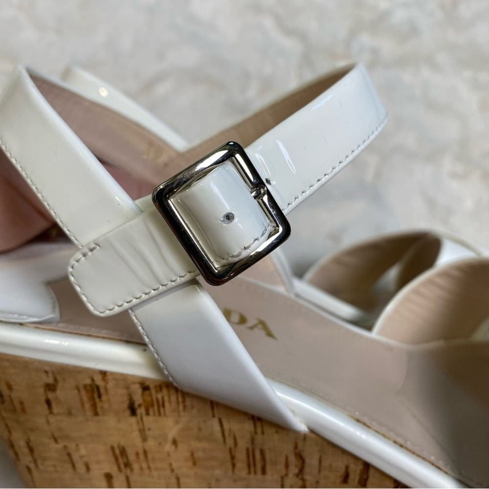 Prada White Patent Leather Criss Cross Ankle Strap Cork Wedge Sandals Size 39 - Picture 6 of 16
